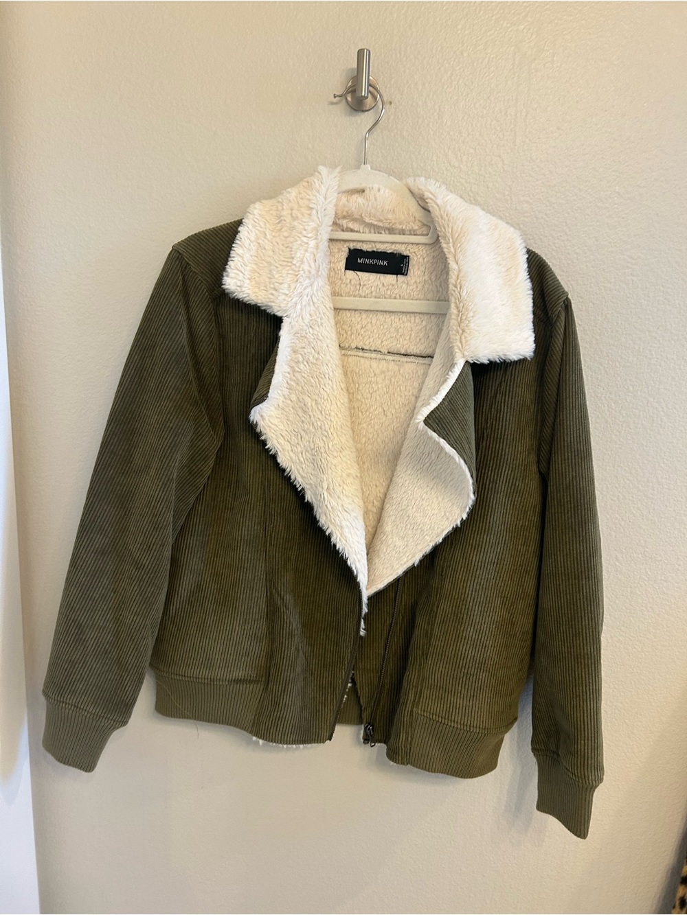 MINKPINK Olive Corduroy Bomber Jacket with Cream Sherpa Collar